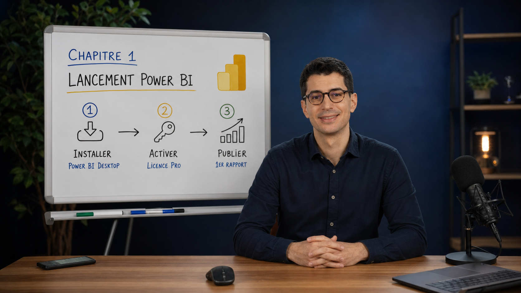Benjamin présente le chapitre 1 de l'Accélérateur Power BI devant un tableau de lancement Power BI.