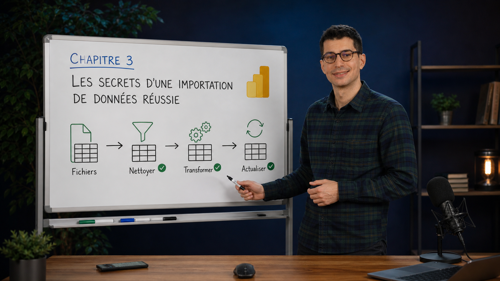 Benjamin présente le chapitre 3 de l'Accélérateur Power BI devant un tableau de flux Power Query.