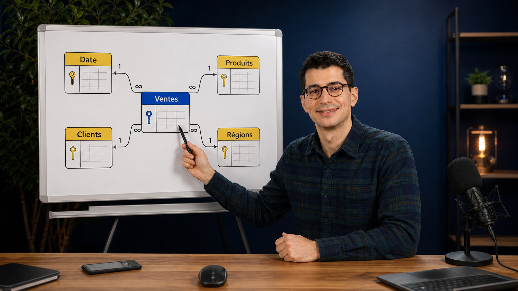 Benjamin présente le chapitre 4 de l'Accélérateur Power BI devant un schéma de modèle en étoile.