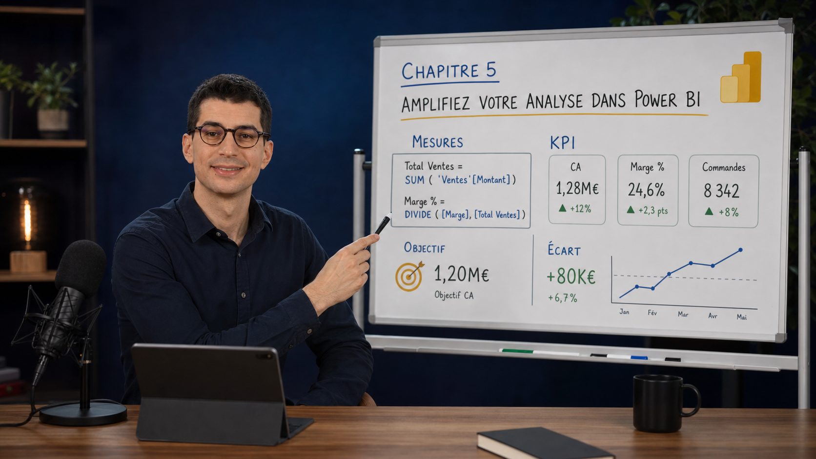 Benjamin présente le chapitre 5 de l'Accélérateur Power BI devant un tableau de mesures DAX et KPI.