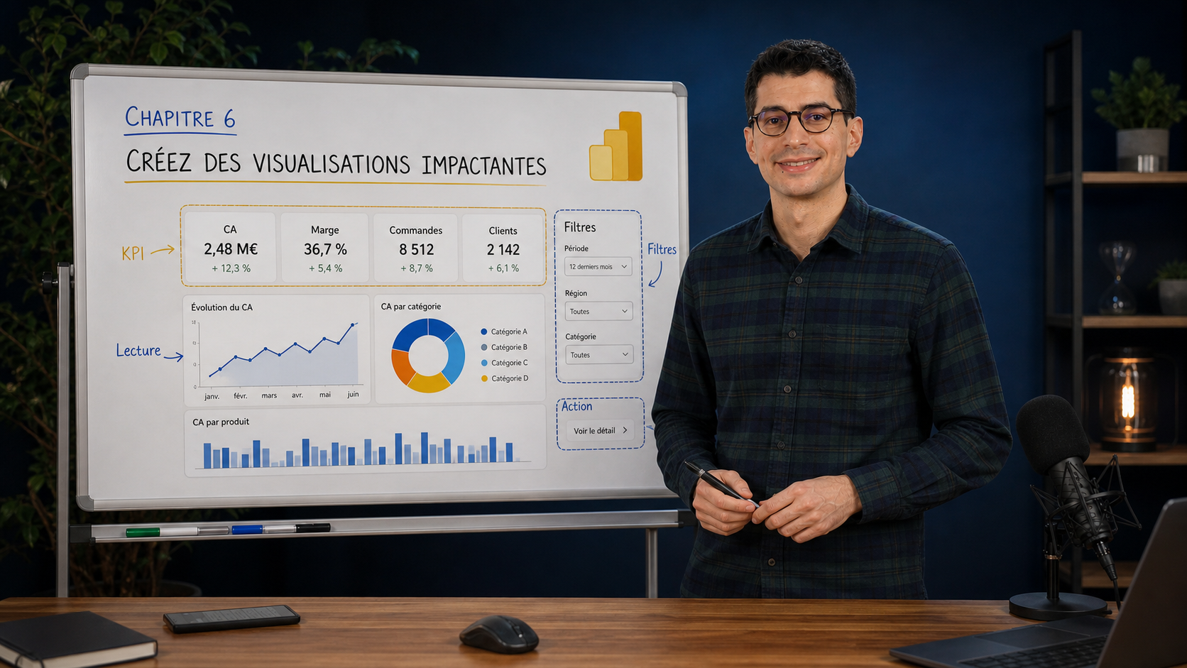 Benjamin présente le chapitre 6 de l'Accélérateur Power BI devant un moodboard de dashboard.