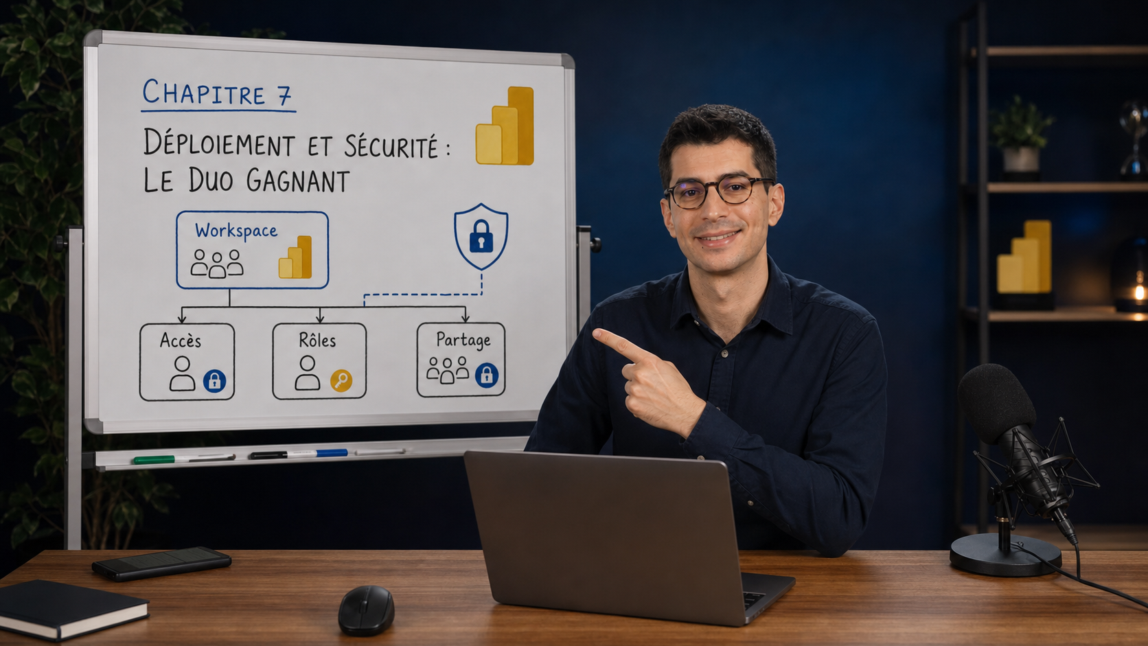 Benjamin présente le chapitre 7 de l'Accélérateur Power BI devant un tableau de déploiement et sécurité.