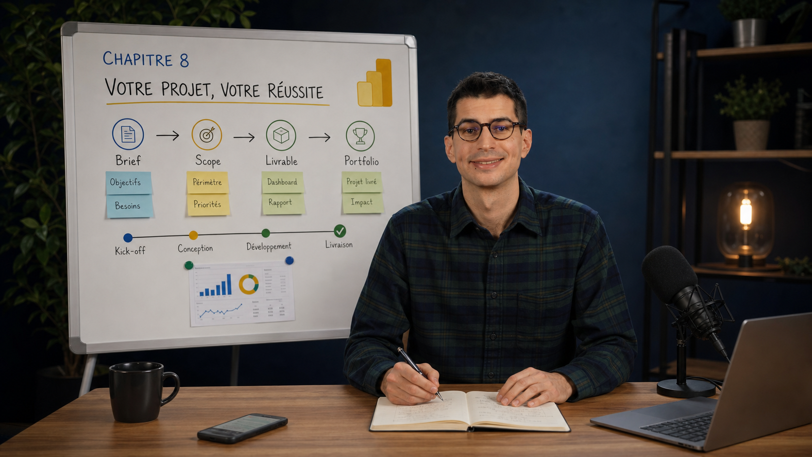 Benjamin présente le chapitre 8 de l'Accélérateur Power BI devant un tableau de projet portfolio.