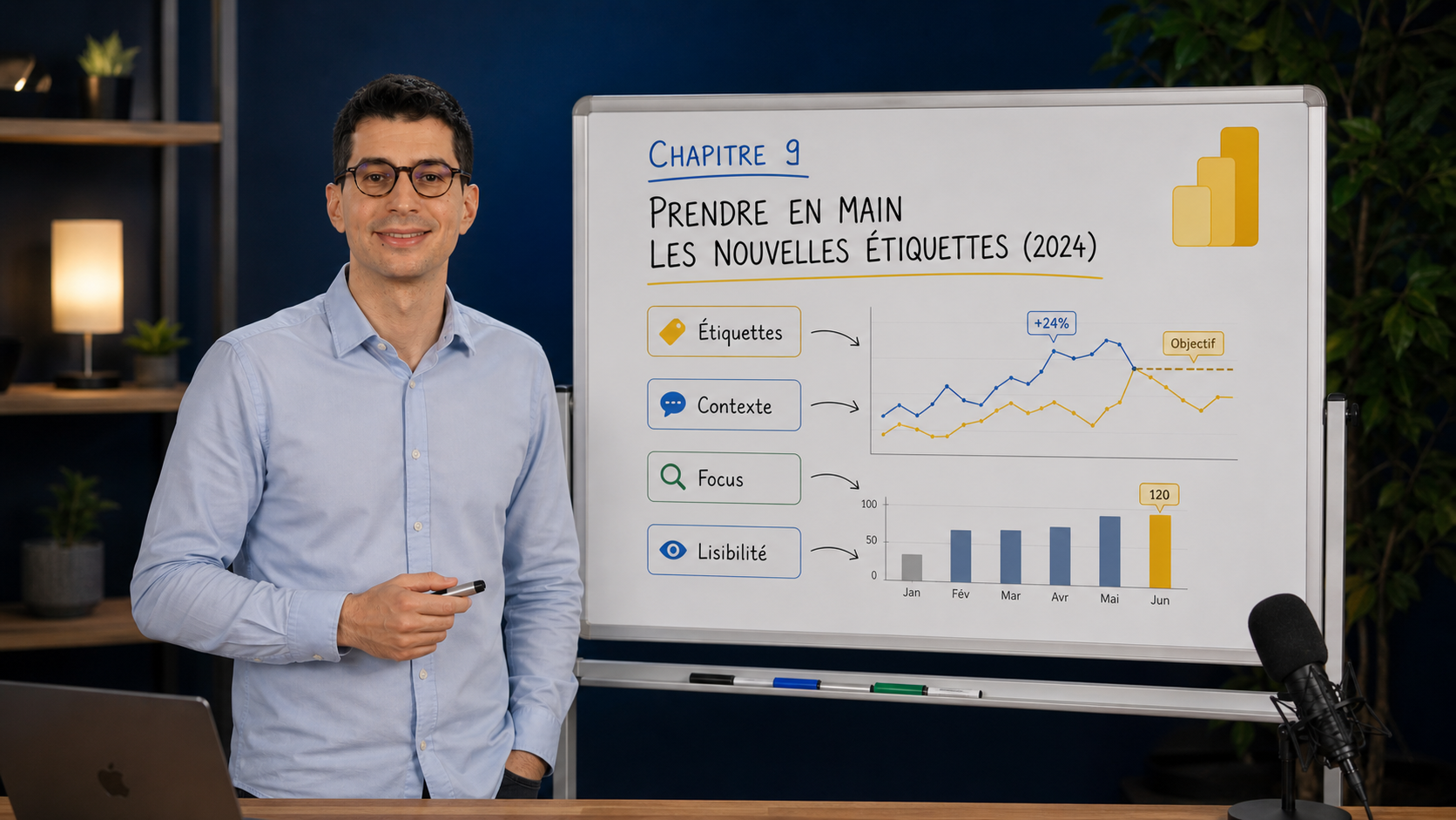 Benjamin présente le chapitre 9 de l'Accélérateur Power BI devant un tableau d'étiquettes et d'annotations modernes.