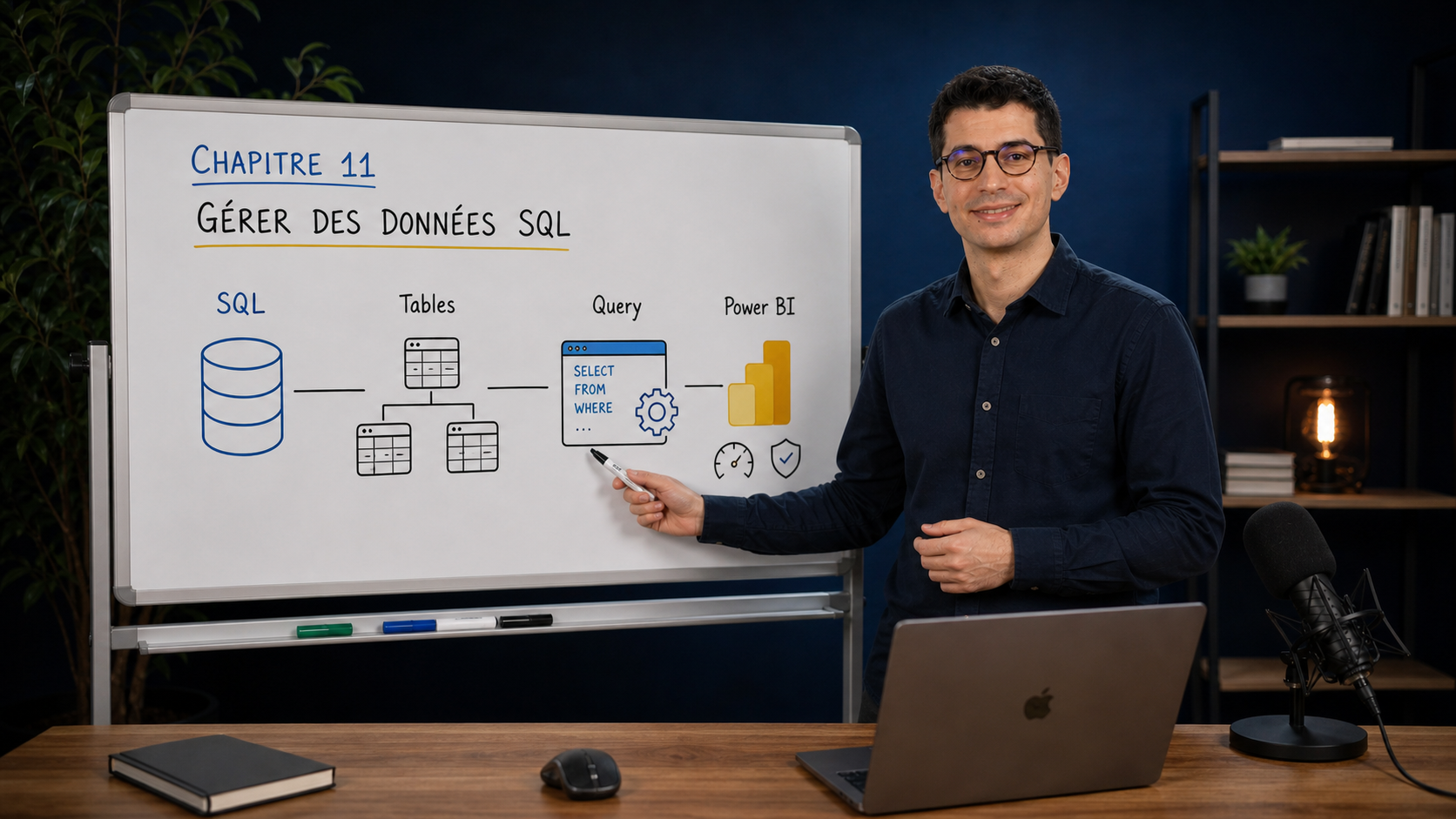 Benjamin présente le chapitre 11 de l'Accélérateur Power BI devant un schéma SQL connecté à Power BI.