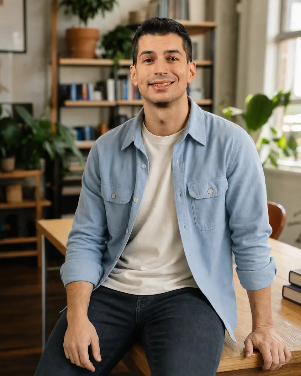 Benjamin Ejzenberg regarde l’objectif dans un environnement de travail lumineux