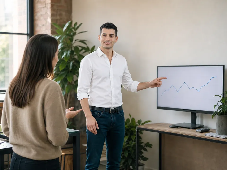 Benjamin échange avec une professionnelle autour d’un reporting clair