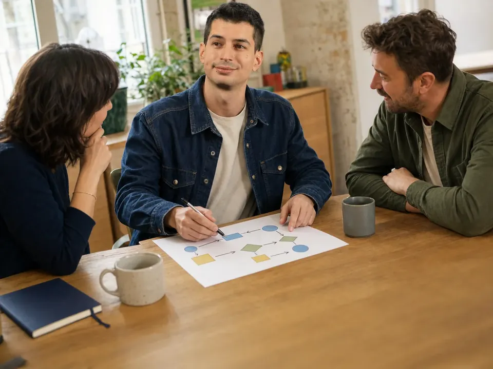 Benjamin avance avec deux responsables sur un projet Power BI